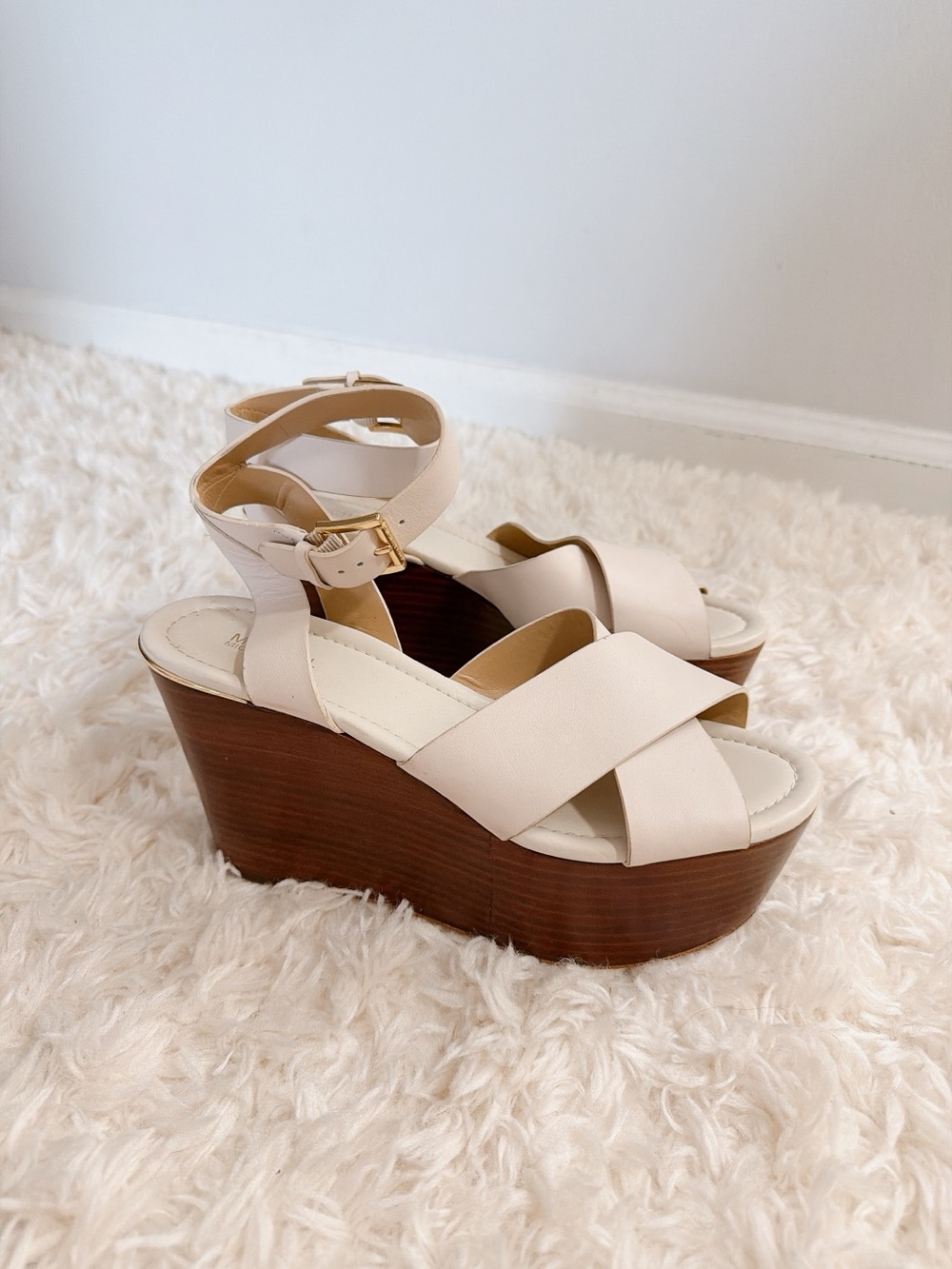 Michael Kors Cream Platform Wedge Sandals with Ankle Strap